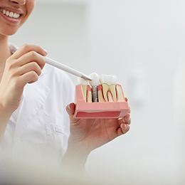 dentist showing a patient a model of dental implant in jaw