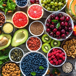 Assortment of healthy foods on a wooden table.
