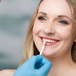 Someone having their smile compared to a shade guide